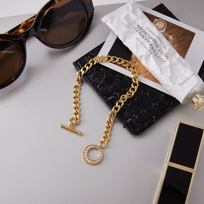 1 Piece Luxurious OT Zircon Chain Stainless Steel Gold Color Women's Chain Bracelets h5Picture6