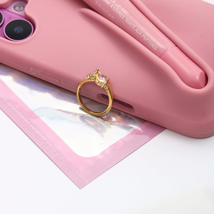 1 Piece Glamorous Pink Heart Stainless Steel Gold Color Zircon Women's Gemstone Rings h5Picture5