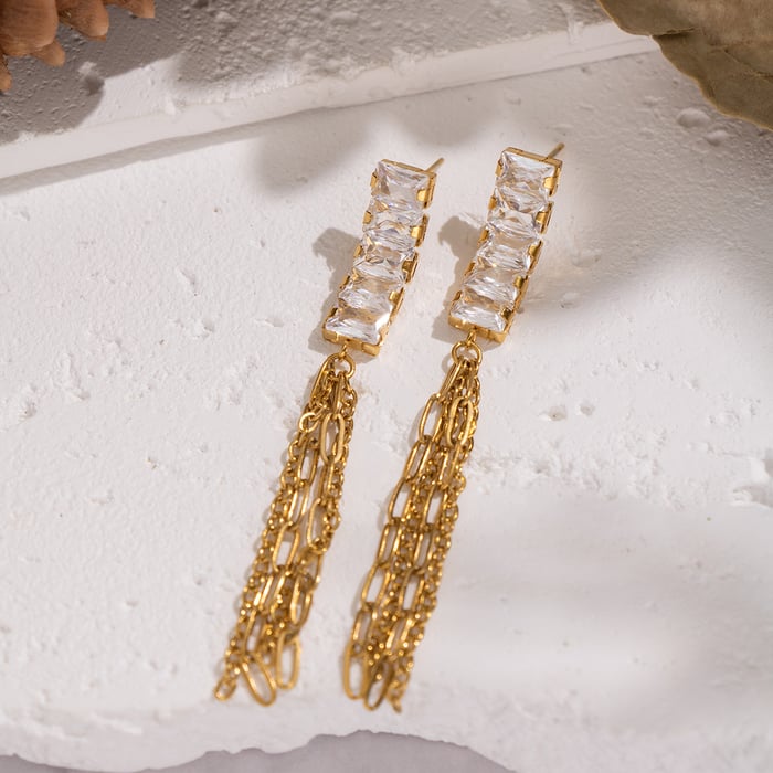 1 Pair Luxurious Tassel Stainless Steel Gold Color Zircon Dangle Earrings h5Picture2