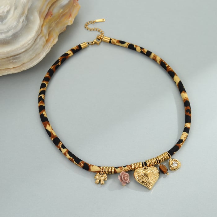 1 Stück luxuriöse Halsketten mit Anhänger aus Edelstahl mit Blumen-, Herz- und Sonnenmotiv im Leopardenmuster für Damen h5Bild4