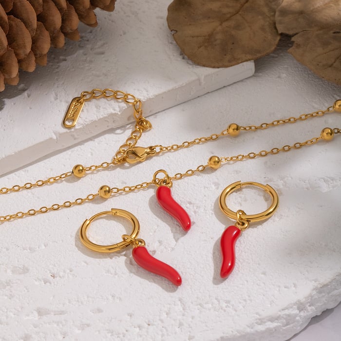Enamel Chili Stainless Steel Gold Color Necklace Set h5Picture3