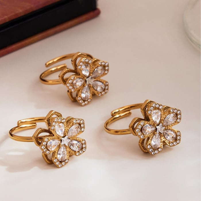 Classic Flower Rotatable Stainless Steel Gold Color Zircon Women's Jewelry Sets h5Picture5