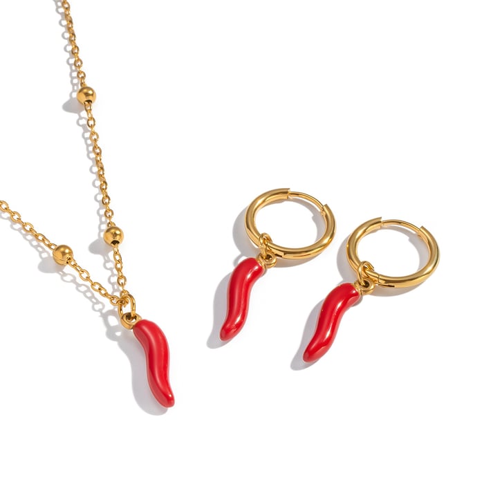 Enamel Chili Stainless Steel Gold Color Necklace Set h5Picture5