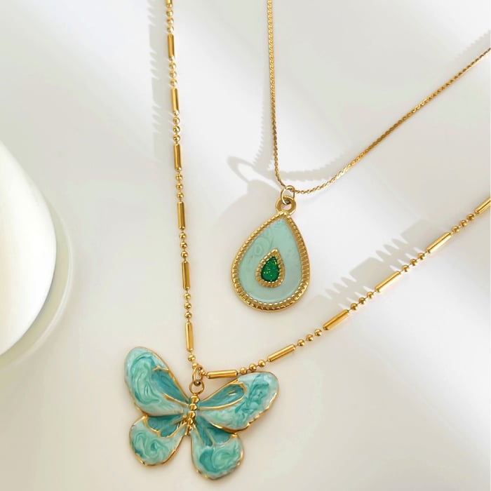 1 Stück Emaille Schmetterling Edelstahl Gold Farbe Anhänger Halskette h5Bild4