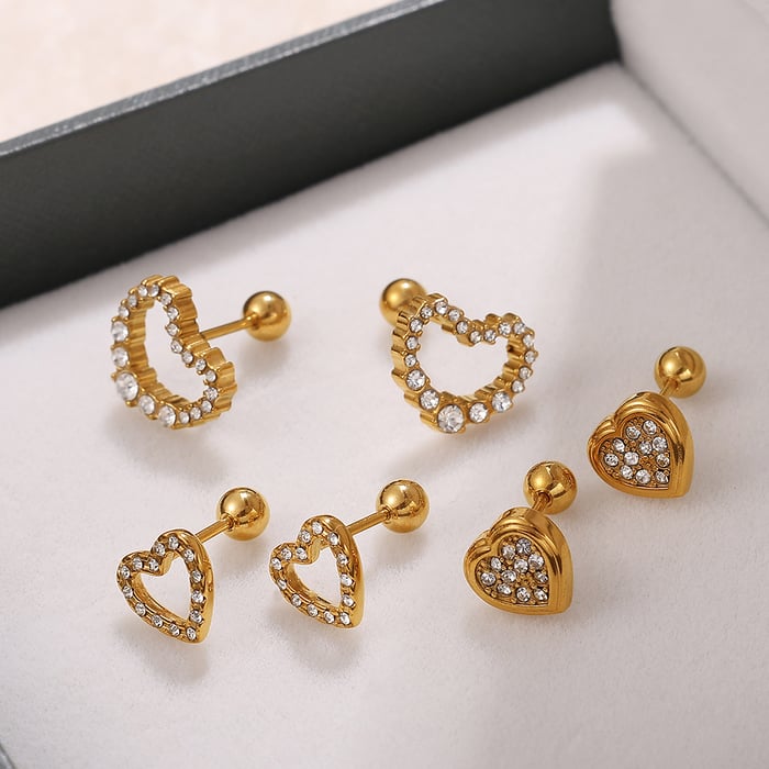 1 Pair Heart Stainless Steel Gold Color Rhinestone Piercing Earrings h5Picture2