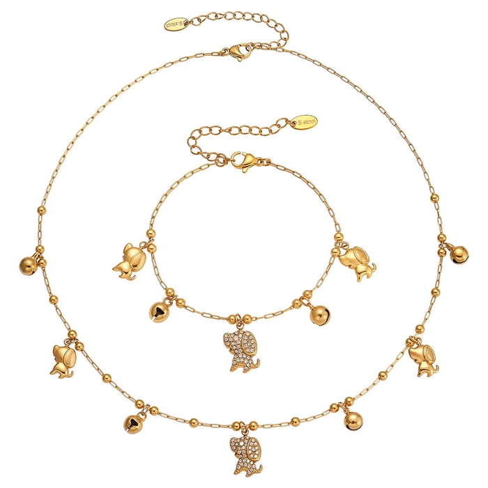Delicate Cute Puppy Stainless Steel Gold Color Zircon Women's Jewelry Sets h5Picture6