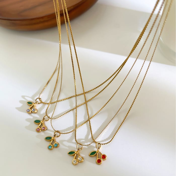 1 Piece Cherry Rhinestone Gold Color Pendant Necklace h5Picture4