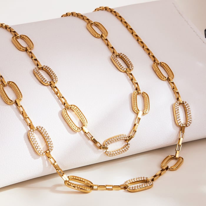 Designable Rectangular Stainless Steel Gold Color Zircon Women's Jewelry Sets h5Picture2