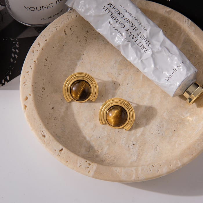 1 Pair Classic Ornate Natural Stone Stainless Steel Gold Color Women's Stud Earrings h5Picture6