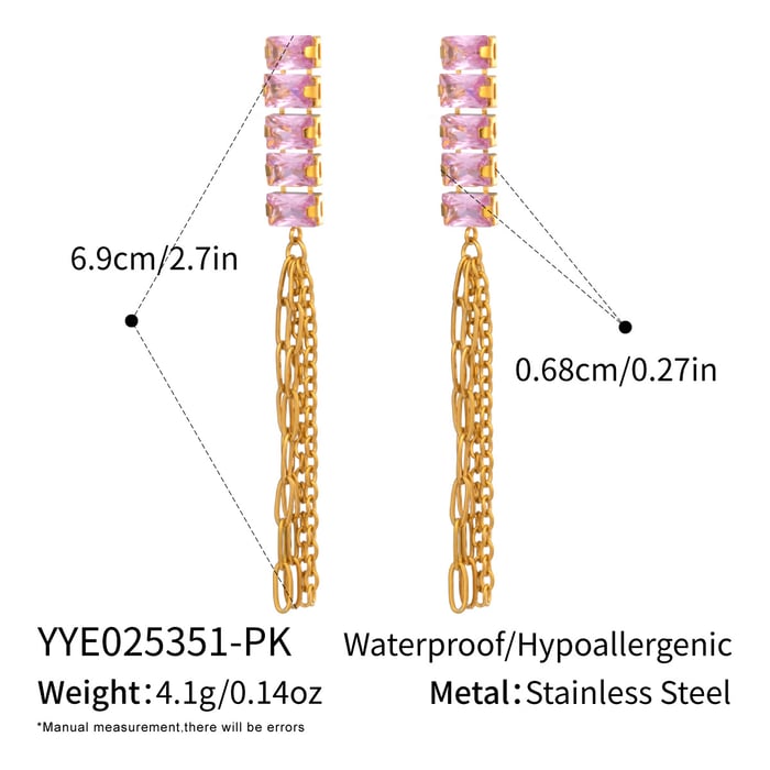 1 Pair Luxurious Tassel Stainless Steel Gold Color Zircon Dangle Earrings