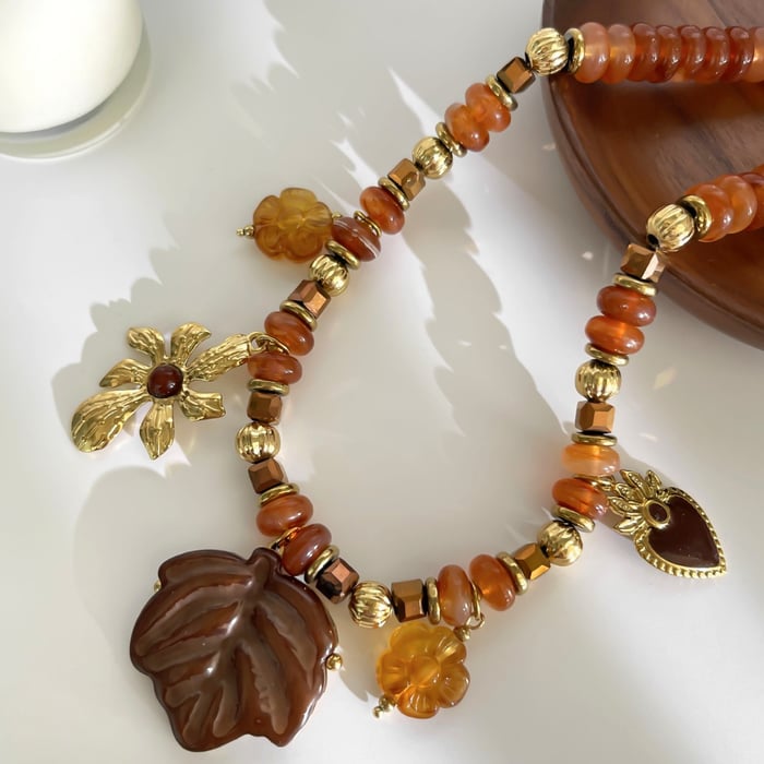 1 Piece Flower Heart Leaf Resin Gold Color Beaded Necklace h5Picture4
