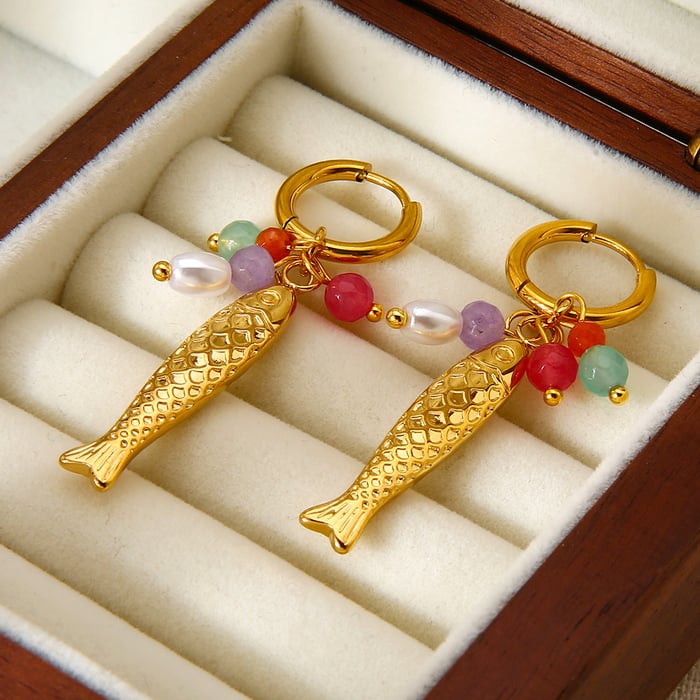 1 Paar Retro Fisch Edelstahl Gold Farbe Künstliche Perle Damen Tropfen Ohrringe h5Bild4