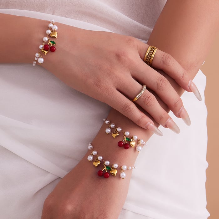 Whimsical Heart&Cherry Stainless Steel Gold Color Women's Jewelry Sets h5Picture4