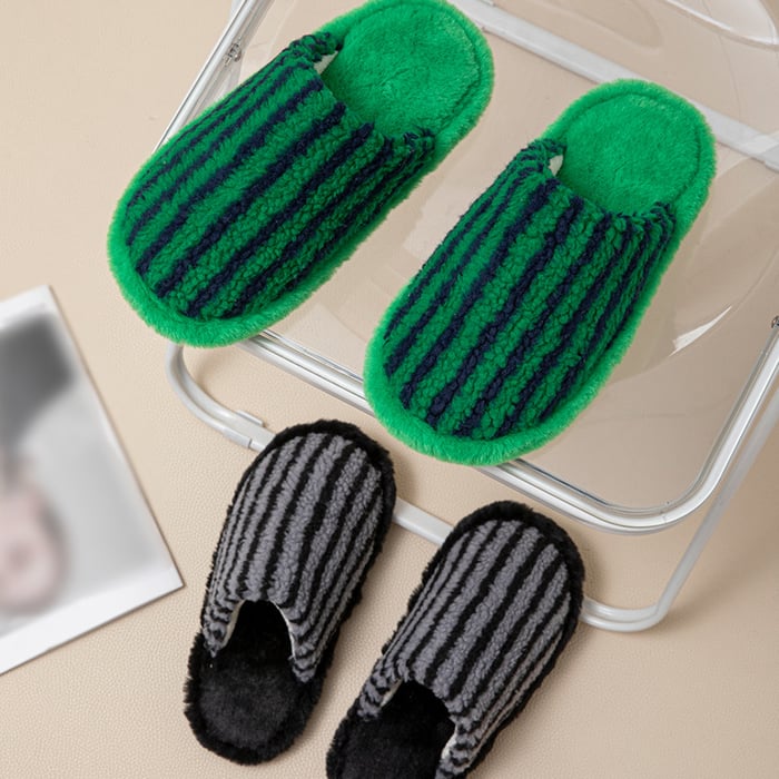 1 Pair Color-blocking Striped Home Plush Slippers Picture3