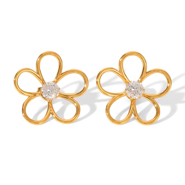 1 Pair Flower Stainless Steel Gold Color Zircon Stud Earrings 