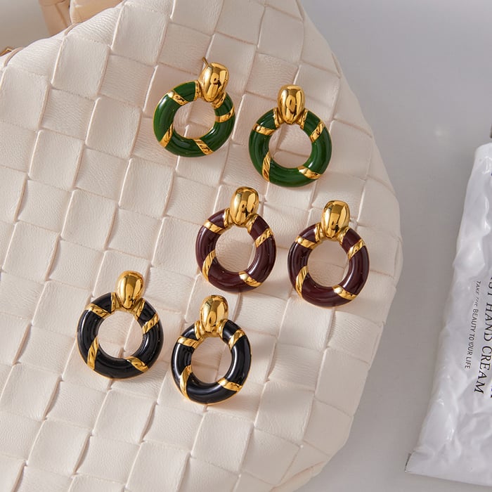 1 Pair Vintage Circle Stainless Steel Gold Color Women's Stud Earrings h5Picture5