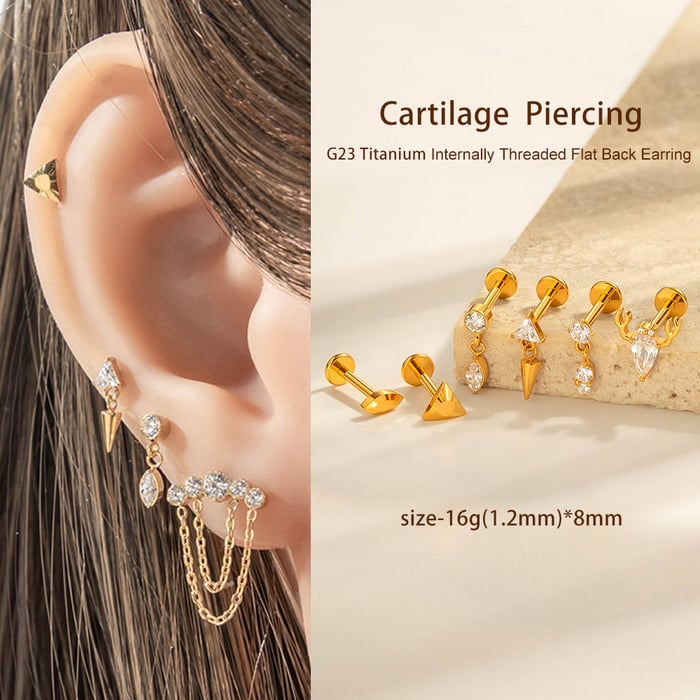 1 Piece Minimalist Triangle Titanium Alloy Gold Color Zircon Women's Piercing Earrings h5Picture5