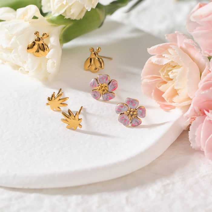 1 Set Romantic Flower Stainless Steel Gold Color Women's Earring Sets h5Picture4