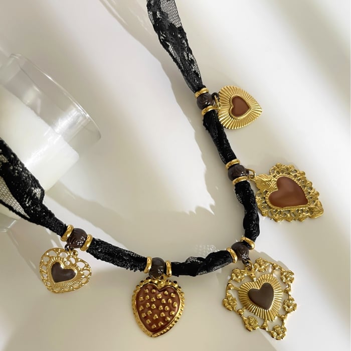 1 Piece Retro Heart Stainless Steel Gold Color Fabric Pendant Necklace h5Picture4