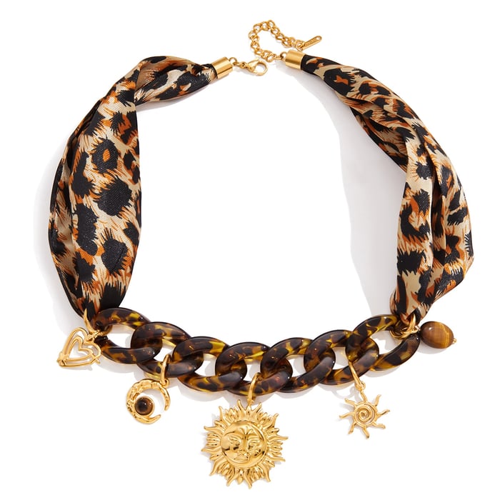 Collier avec pendentif en acrylique doré pour femme, motif léopard et soleil, en acier inoxydable 