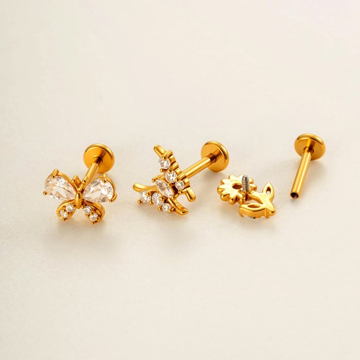 1 Piece Flower Butterfly Stainless Steel Gold Color Zircon Women's Piercing Earrings Picture4