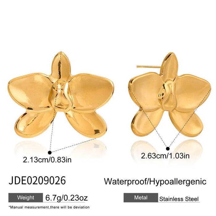 1 paire de boucles d&#39;oreilles à tige luxueuses en acier inoxydable couleur or pour femme, motif Phalaenopsis Image2
