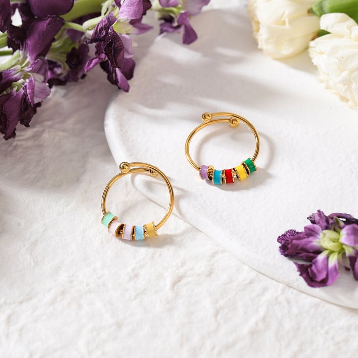 1 Piece Whimsical Colorful Beads Stainless Steel Gold Color Statement Rings h5Picture5