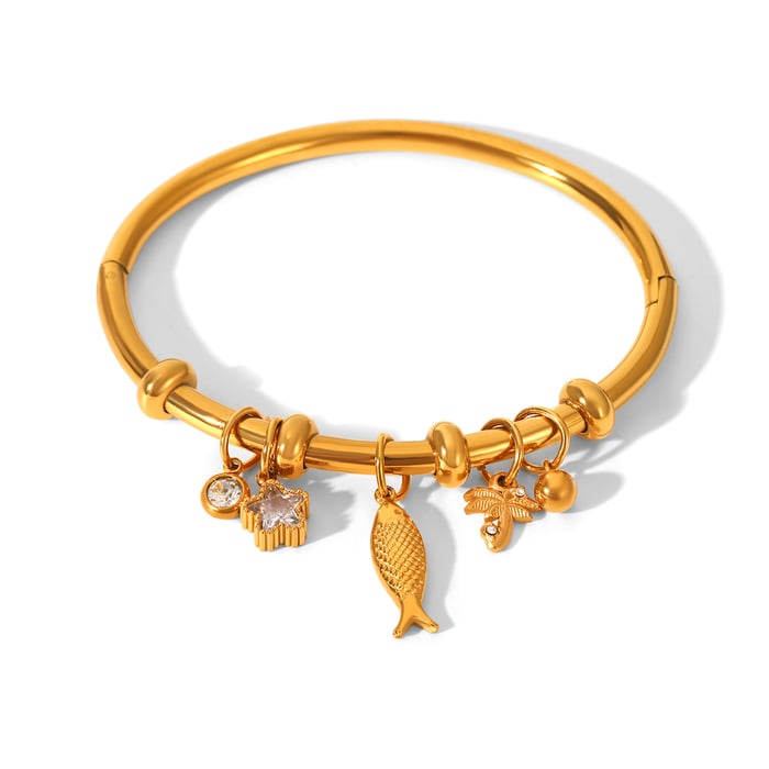 1 Piece Stainless Steel Gold Color Fish Pendant Bangle 