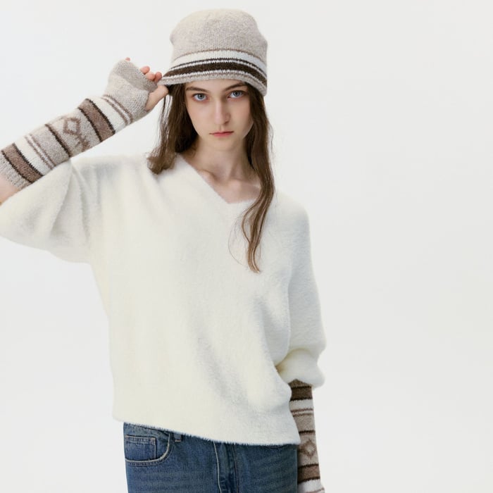 Retro Patchwork Stripe Rayon Sleeve Covers & Knitted Hat Picture3