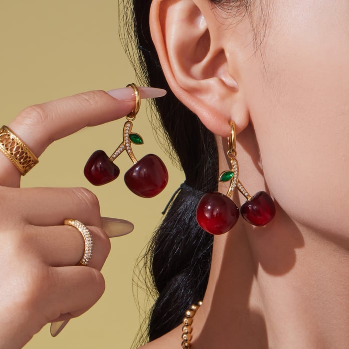 Sweet Cherry Stainless Steel Gold Color Zircon Women's Jewelry Sets h5Picture2