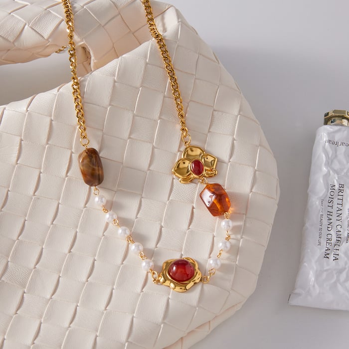 1 Piece Retro Flower Stainless Steel Gold Color Acrylic Women's Pendant Necklaces h5Picture6