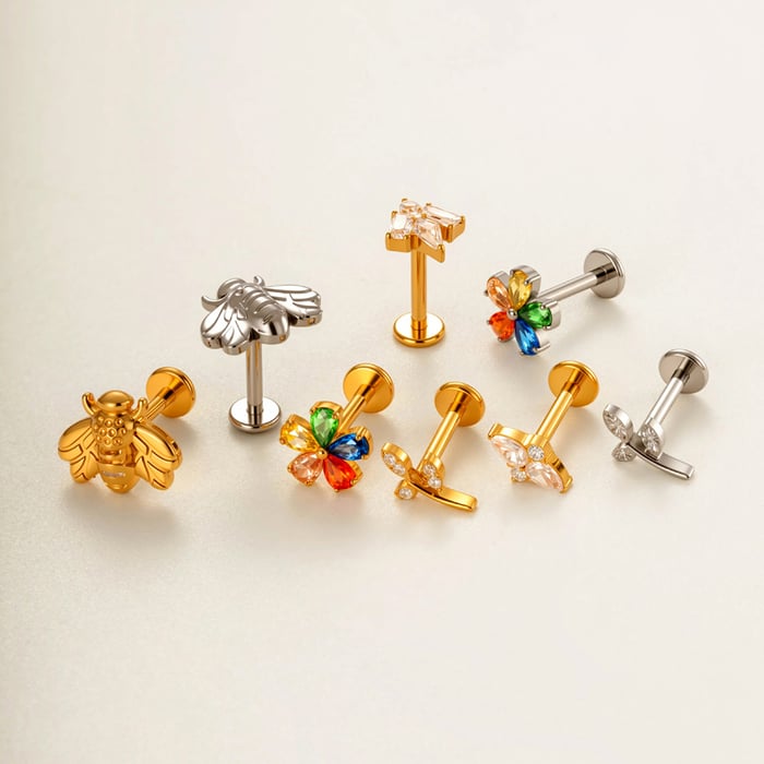 1 Piece Flower Titanium Alloy Gold Color Zircon Women's Piercing Earrings h5Picture4