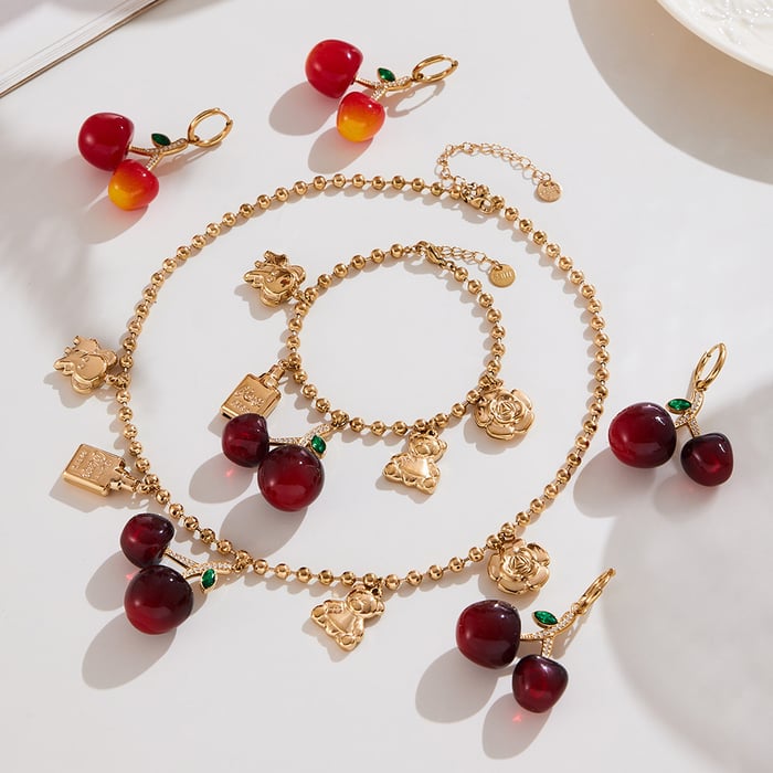 Sweet Cherry Stainless Steel Gold Color Zircon Women's Jewelry Sets h5Picture4