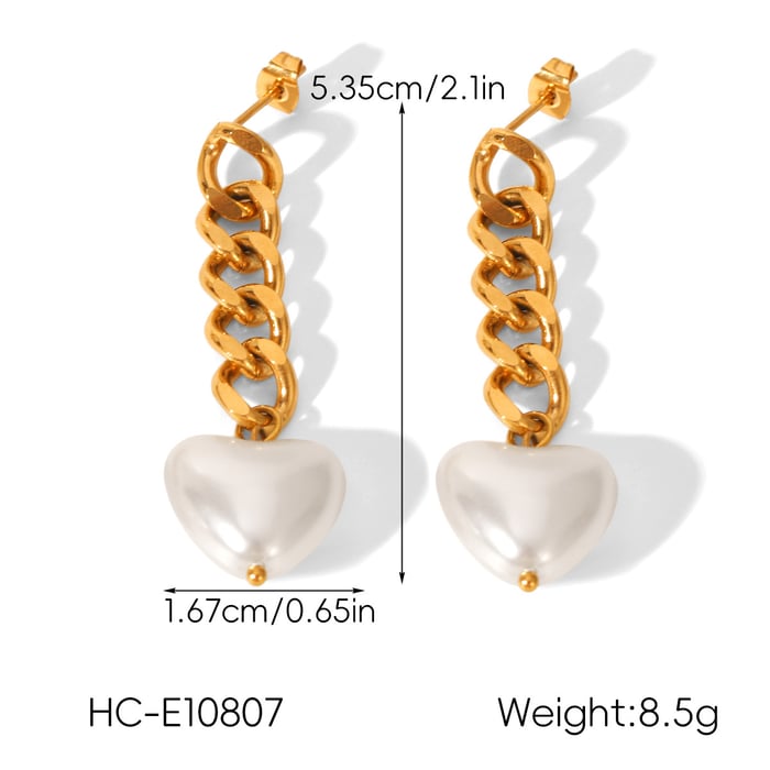 1 Pair Chain Stainless Steel Gold Color Heart Pearl Dangle Earrings h5Picture2