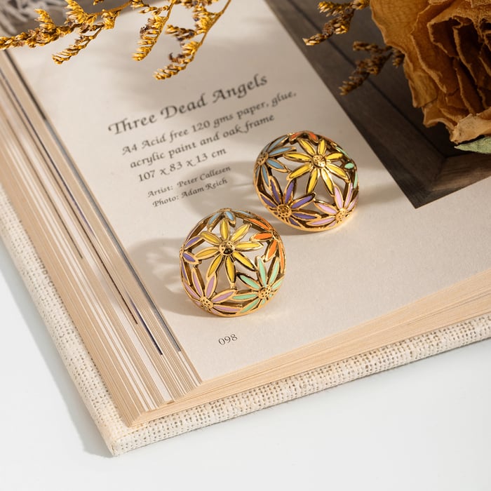 1 Pair Glamorous Flower Stainless Steel Gold Color Women's Stud Earrings h5Picture3