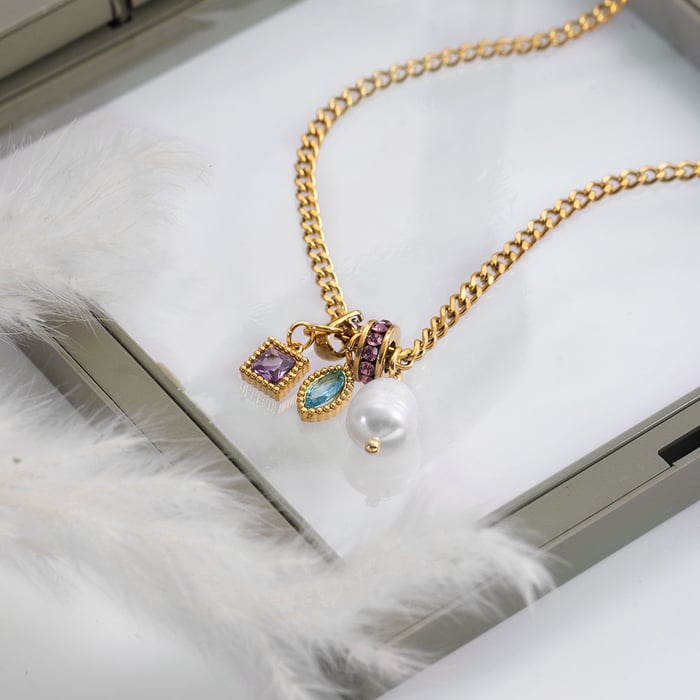 1 Piece Polychrome Rectangle Stainless Steel Gold Color Zircon Women's Pendant Necklaces h5Picture3