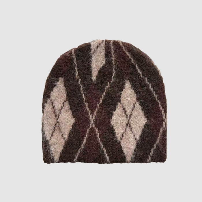 Bonnet tricoté en laine mélangée de couleurs mélangées à carreaux rétro 1 pièce