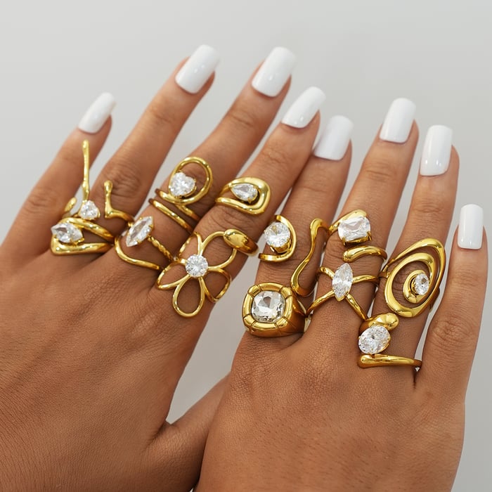 1 Piece  Retro Irregular Shape Stainless Steel   Gold Color Women‘s Gemstone Rings h5Picture3
