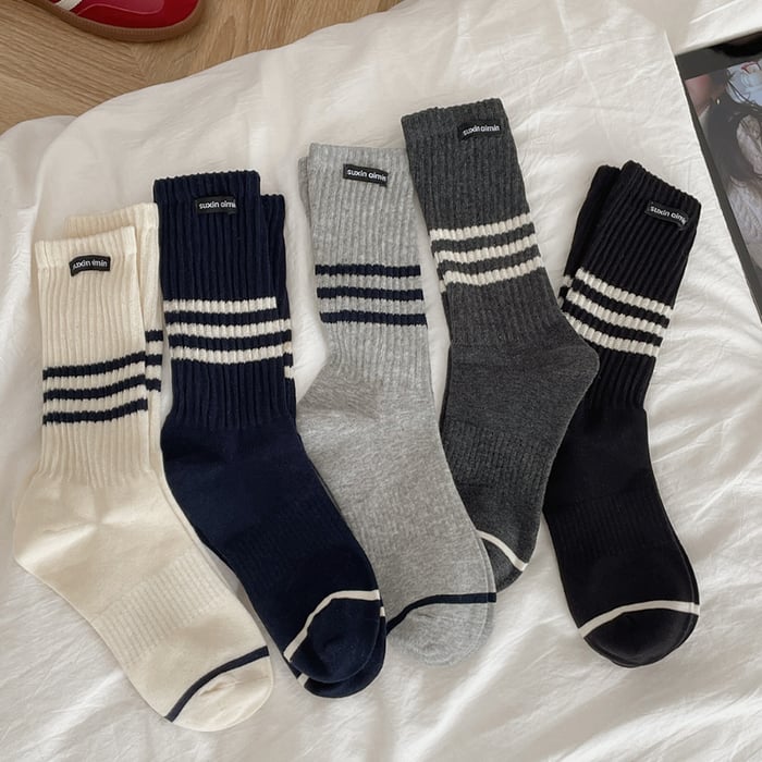 1 Çift Beyaz Kule Çizgili Spor ve Günlük Saf Pamuklu Kadın Orta Boy Çorap h5Resim2