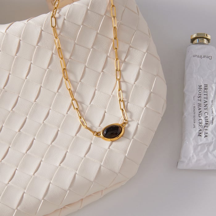 1 Piece Retro Oval Natural Stone Stainless Steel Gold Color Women's Pendant Necklaces h5Picture3