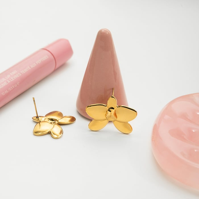 1 paire de boucles d&#39;oreilles à tige luxueuses en acier inoxydable couleur or pour femme, motif Phalaenopsis Image6