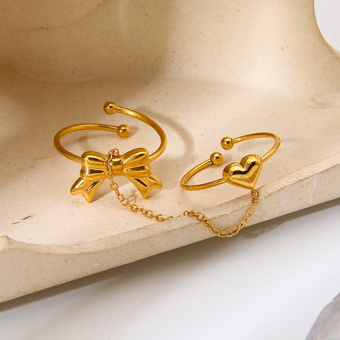1 Set Romantic  Sweet Heart Bow Knot Chain Stainless Steel Women‘s  Statement Rings h5Picture3
