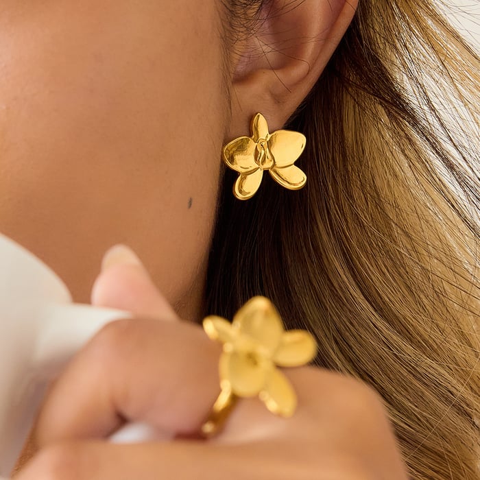 1 paire de boucles d&#39;oreilles à tige luxueuses en acier inoxydable couleur or pour femme, motif Phalaenopsis Image4