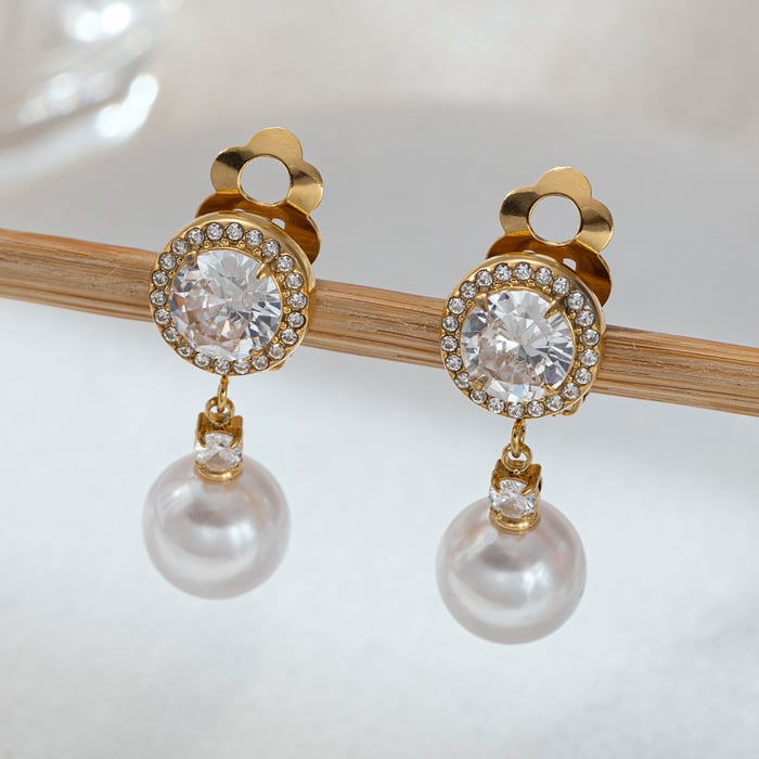 1 Pair Stainless Steel Gold Color Pearl Clip-On Earrings h5Picture3