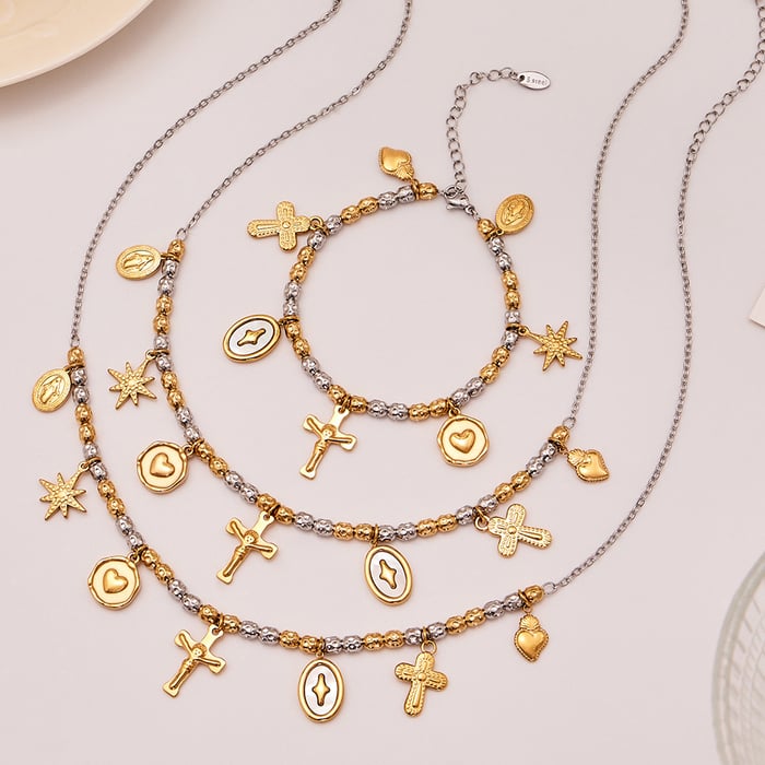 Vintage Cross Mixed Gold&Silver Colors Stainless Steel Women's Jewelry Sets h5Picture2