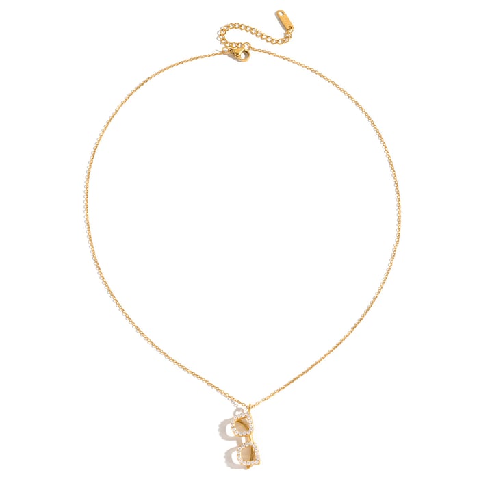 Collier avec pendentif en forme de lunettes moderne en acier inoxydable couleur or et zircon pour femme 