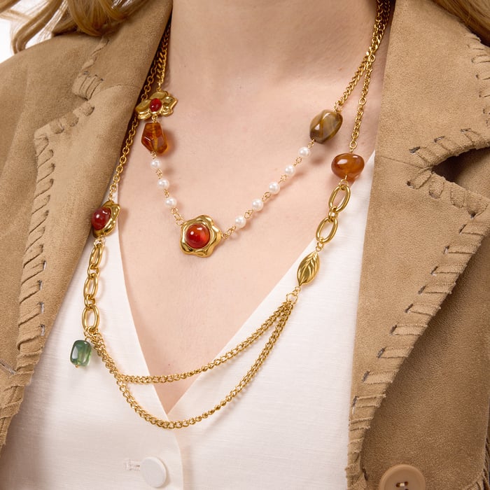 1 Piece Retro Flower Stainless Steel Gold Color Acrylic Women's Pendant Necklaces h5Picture4