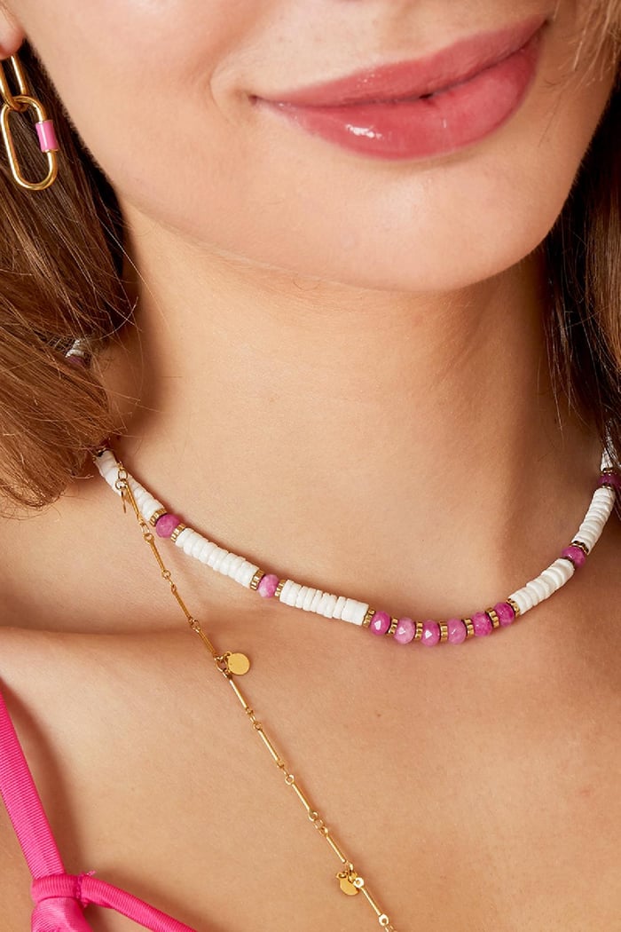 Ketting witte en kleurrijke kralen - Strandcollectie Fuchsia Stone Afbeelding3