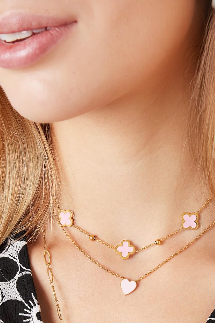 Collier 3 trèfles et petites boules Vert & Couleur or Acier inoxydable Image3