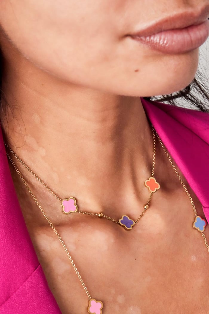 Collier 3 trèfles et petites boules Vert & Couleur or Acier inoxydable Image5